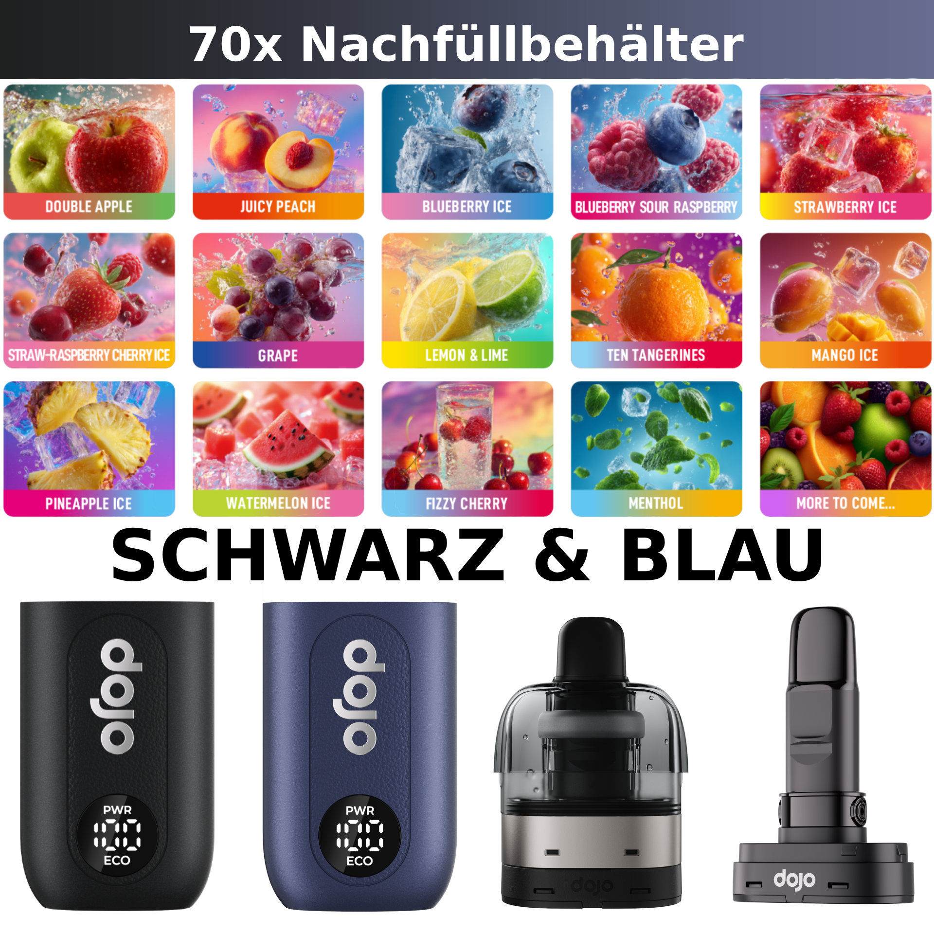 70x Dojo Blast X Nachfüllbehälter | Free 10x Leerpod & 10x Basisgerät (Schwarz, Blau)