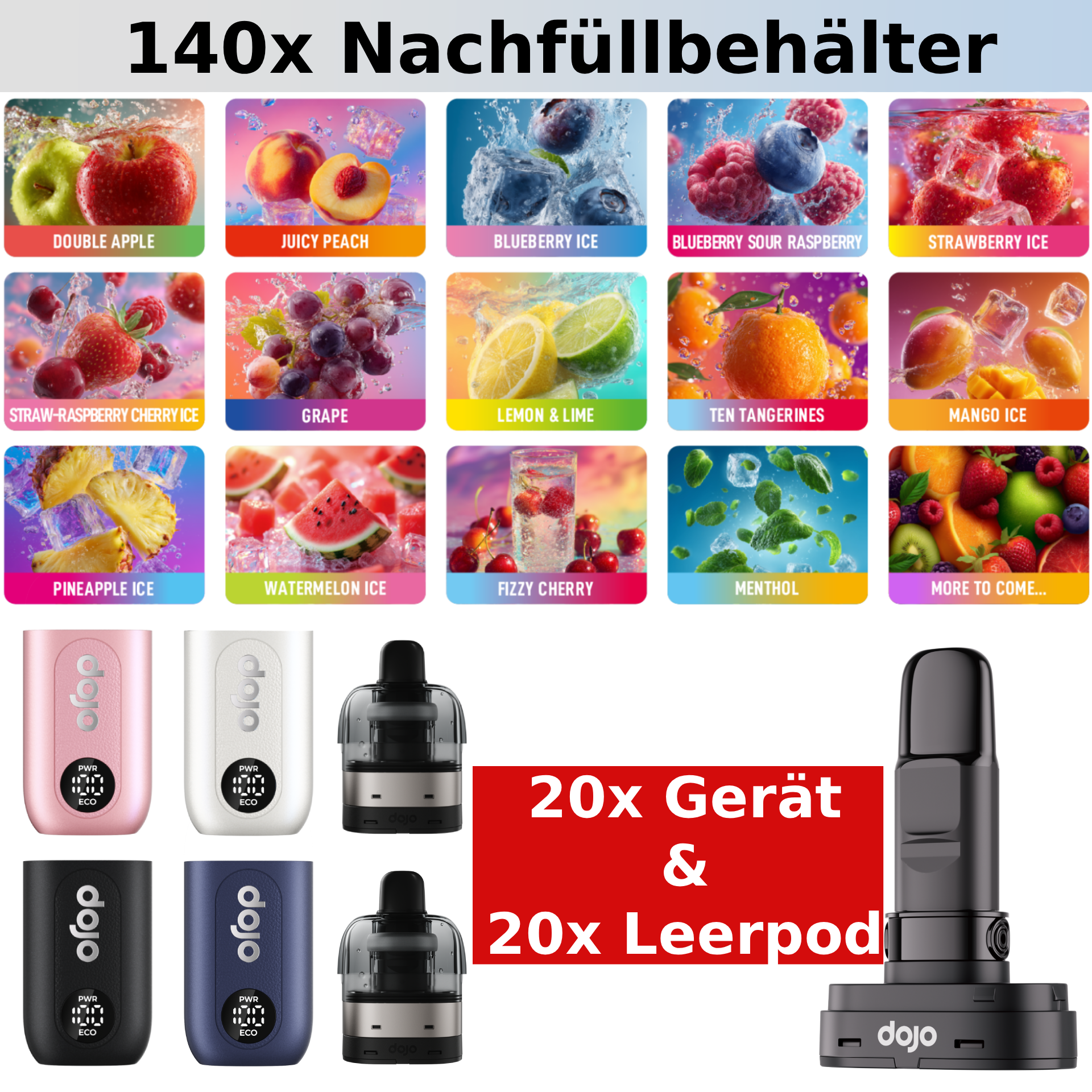 140x Dojo Blast X Nachfüllbehälter Bundle | Free 20x Leerpod & 20x Basisgerät (Black, Blue ,Pink ,White)