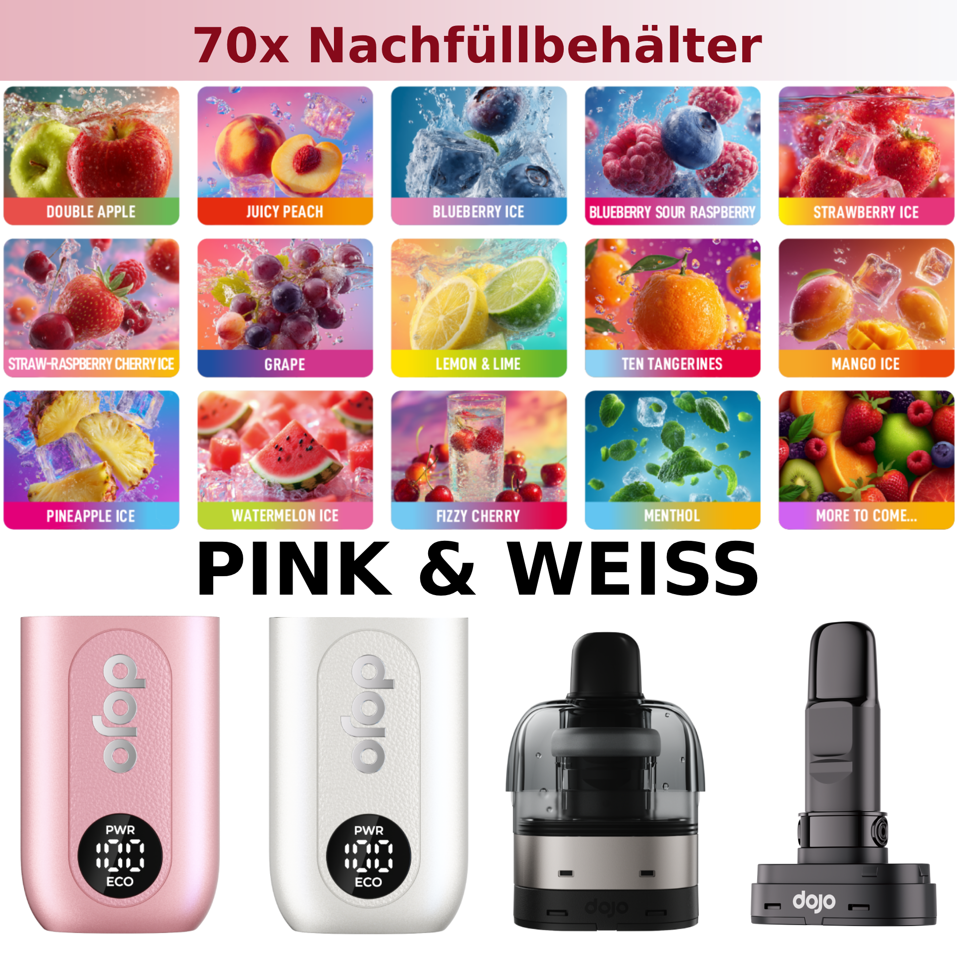 70x Dojo Blast X Nachfüllbehälter | Free 10x Leerpod & 10x Basisgerät (Pink, Weiß)